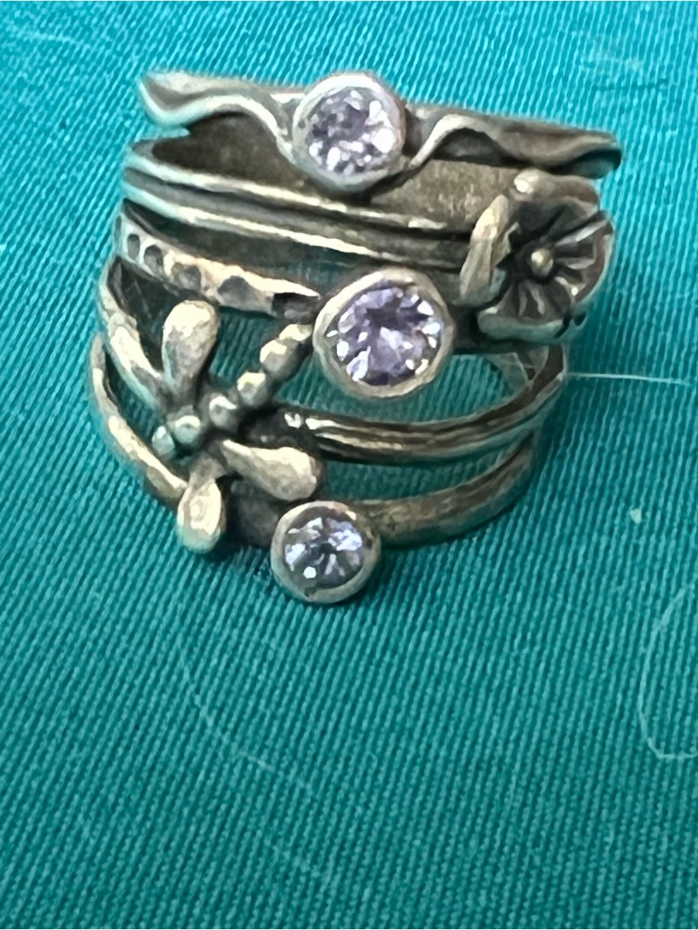 Silver Floral Multi-Band Ring with Light Purple Stones